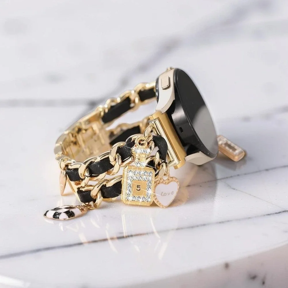 Gold Charm Bracelet Watch Band for Smartwatch Double Chain Leather Strap 20mm